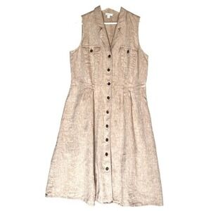 J Jill Love Women's Linen‎ Sleeveless Button Down Midi Beige Dress